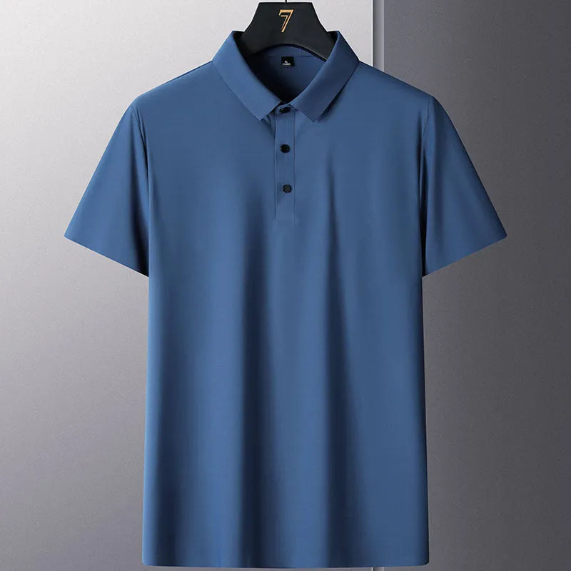 Men's solid colour non-ironing short sleeve business casual shirt on a hanger.