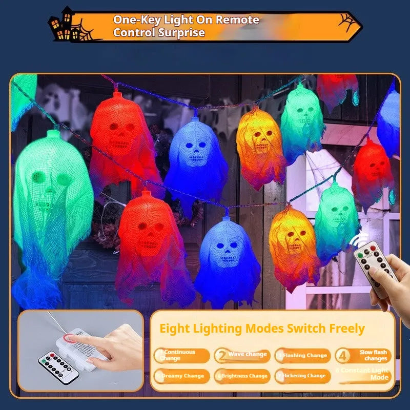 Halloween battery-operated coloured string lights with plastic shell for indoor wall decoration.