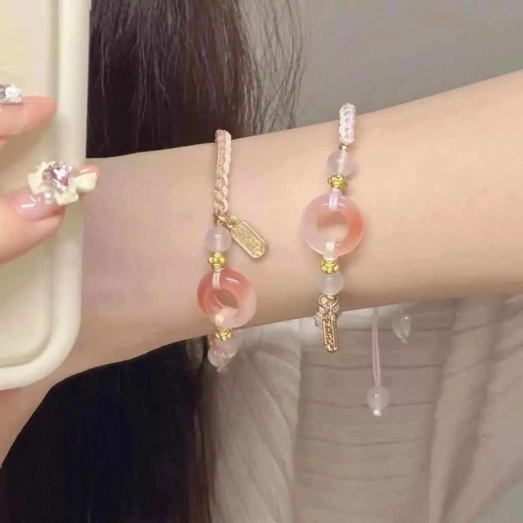 Minority national style DIY woven watch band with peach blossom pattern in green, pink and black colours