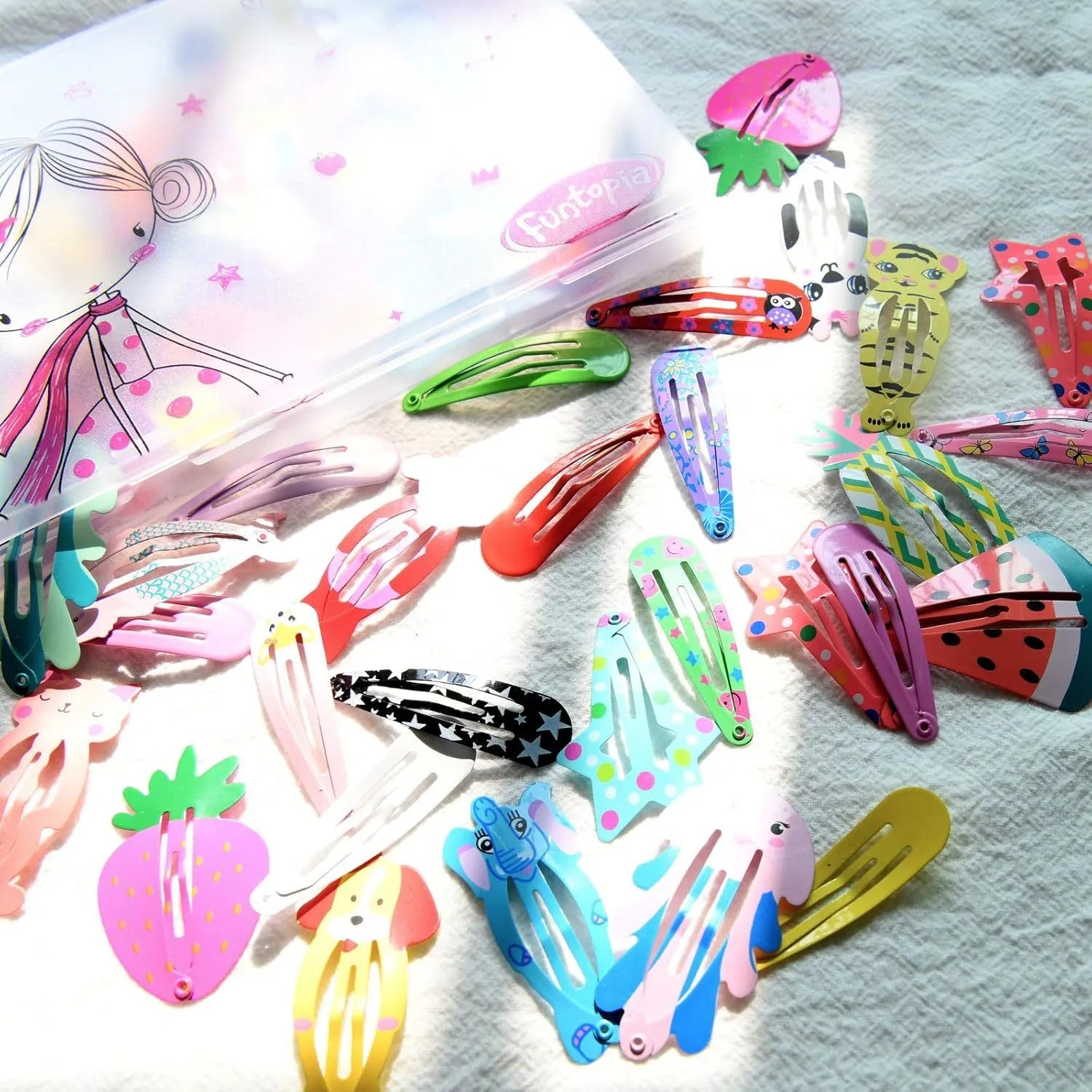 100 piece metal hair clip set with candy colour cartoon designs including animals, fruits, crowns and stars