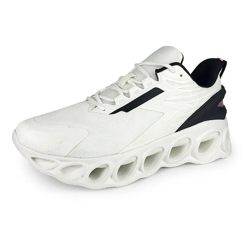 Casual low-top sports shoes in black with mesh upper, round toe, and white EVA sole on a plain background.