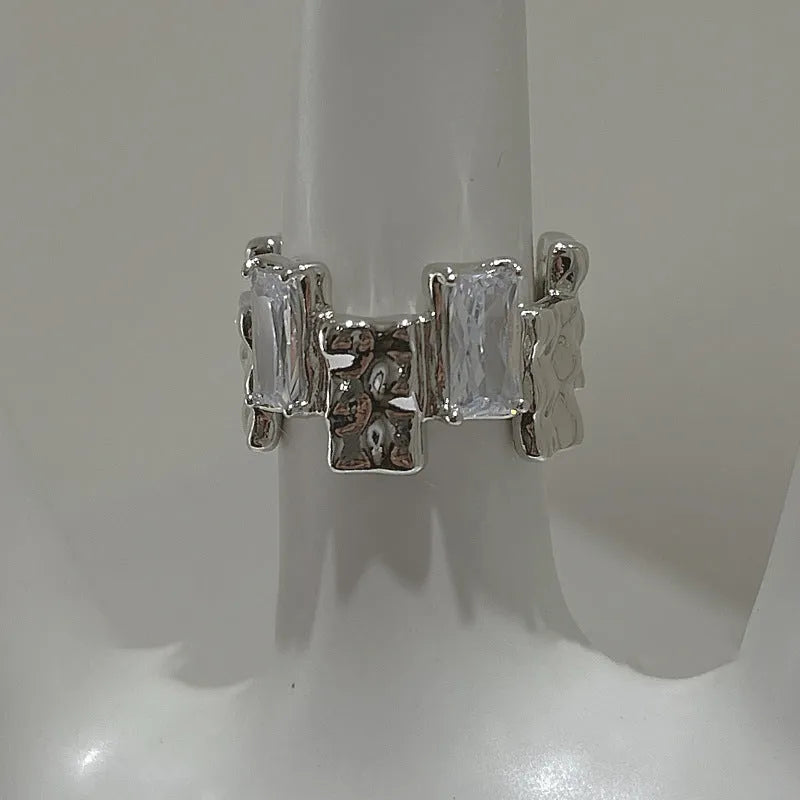Geometric cross zircon open ring in silver tone with three-dimensional decoration
