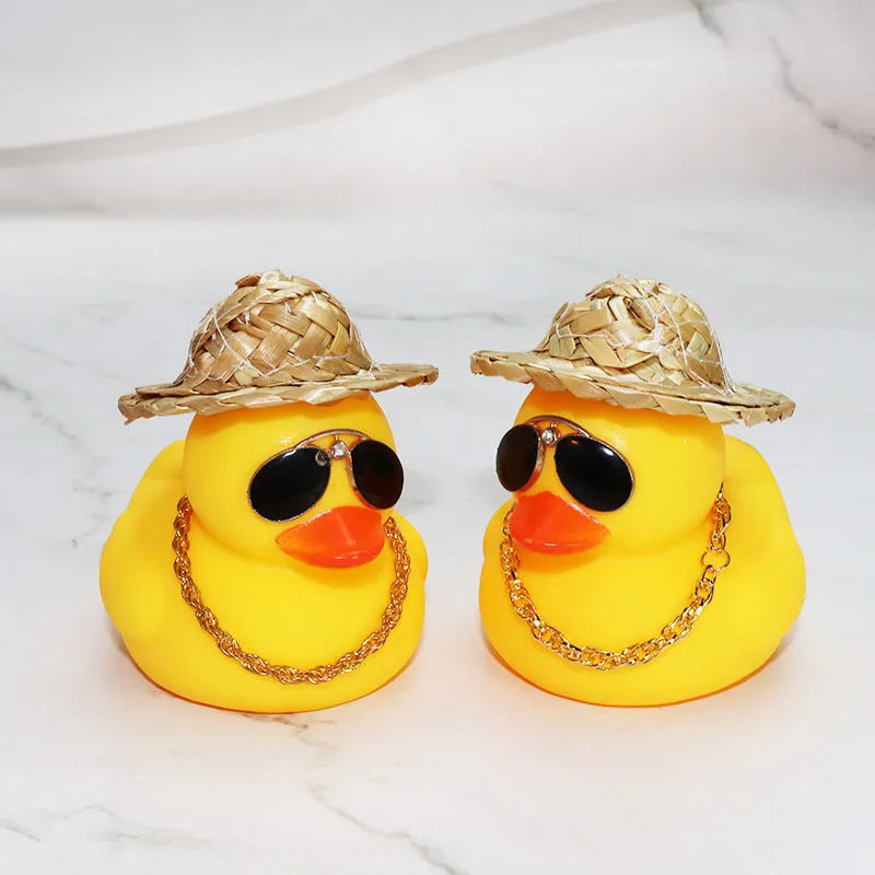 Yellow duck wearing straw hat car dashboard ornament with adhesive gel and sunglasses accessory