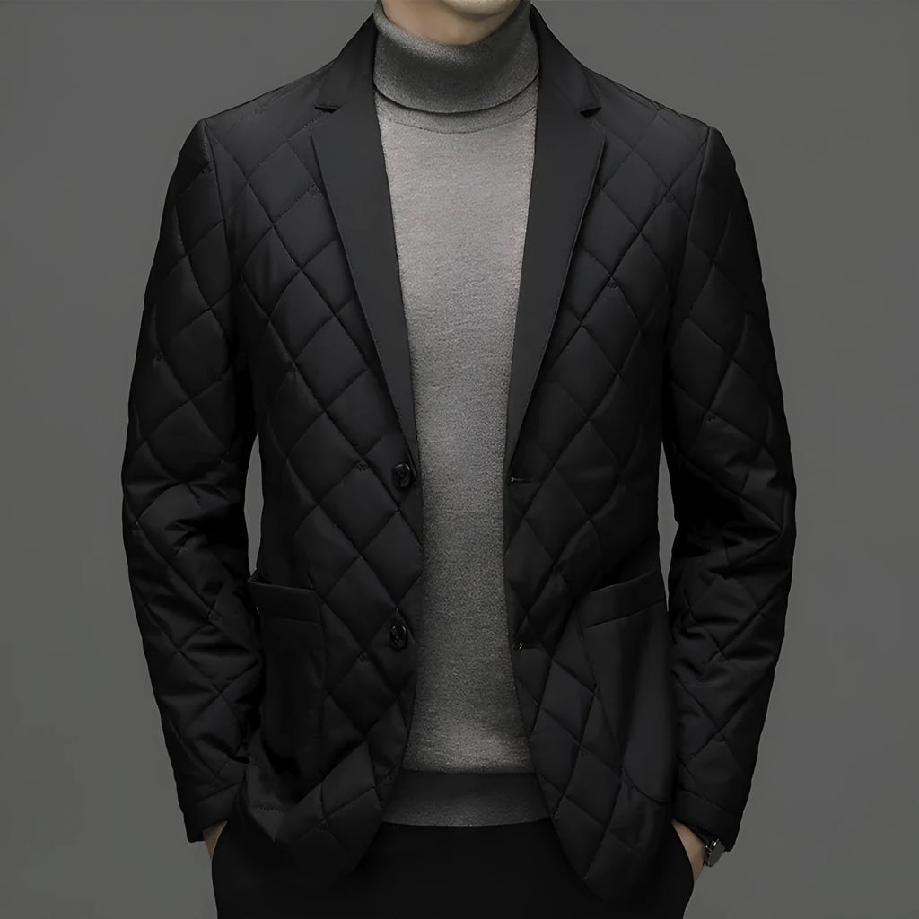 Men's solid colour thick down jacket with lapel, cardigan style, and side seam pockets