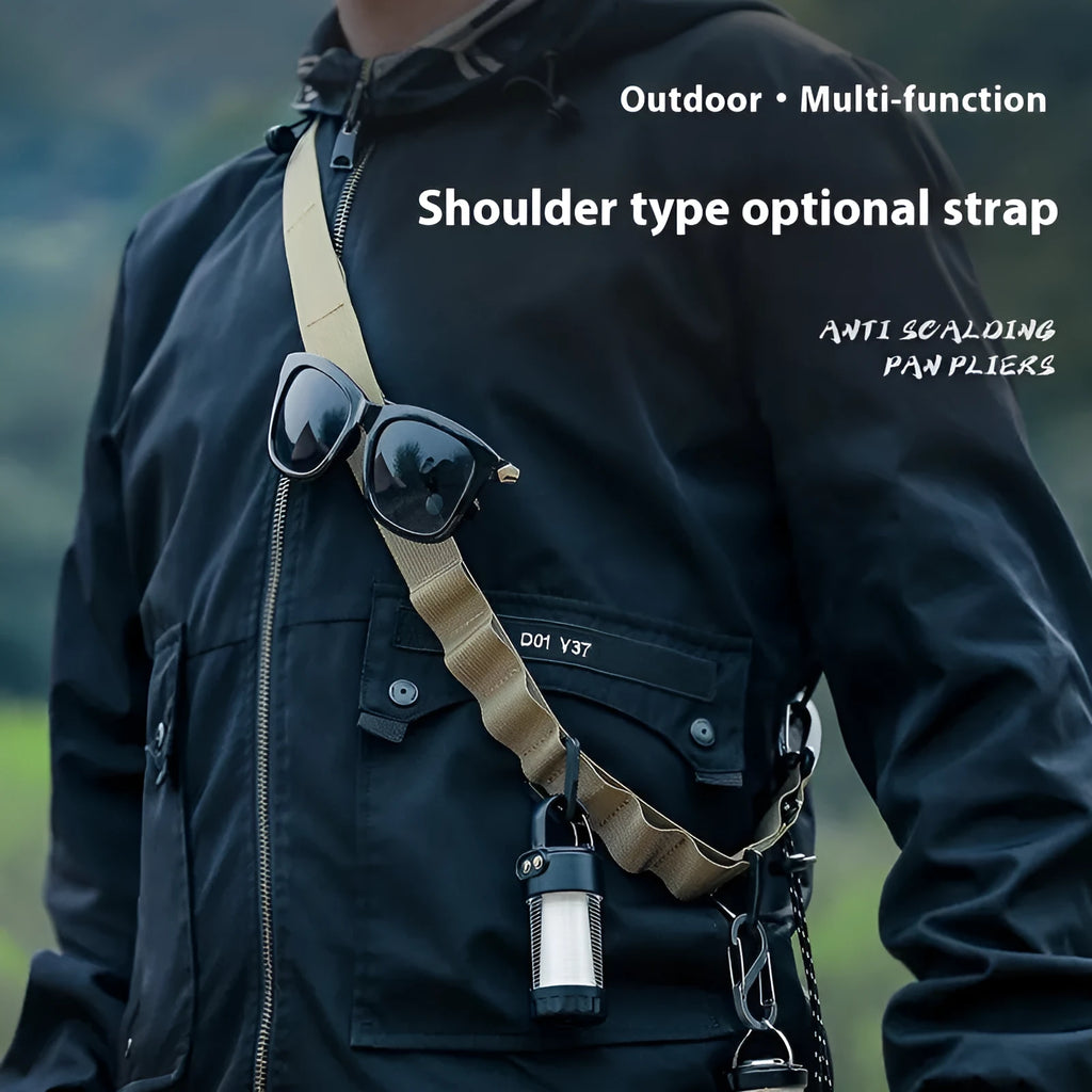 Black multifunctional hanging rope storage belt extended to show its 130 cm length