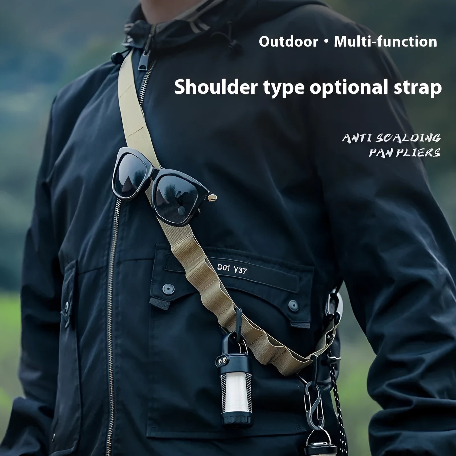 Black multifunctional hanging rope storage belt extended to show its 130 cm length