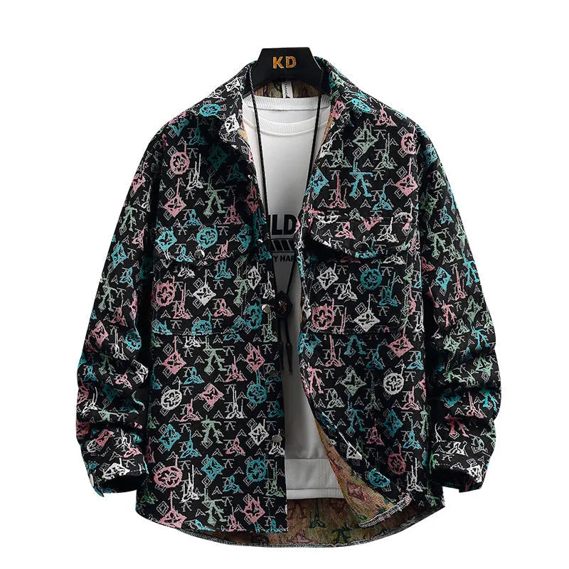 Casual lapel shirt coat in a colour option, shown with long sleeves and a straight hem.