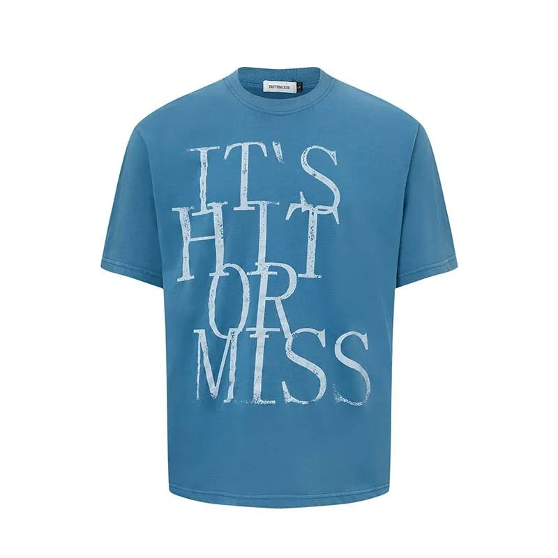 Men's blue American retro style t-shirt with white letter print and loose fit