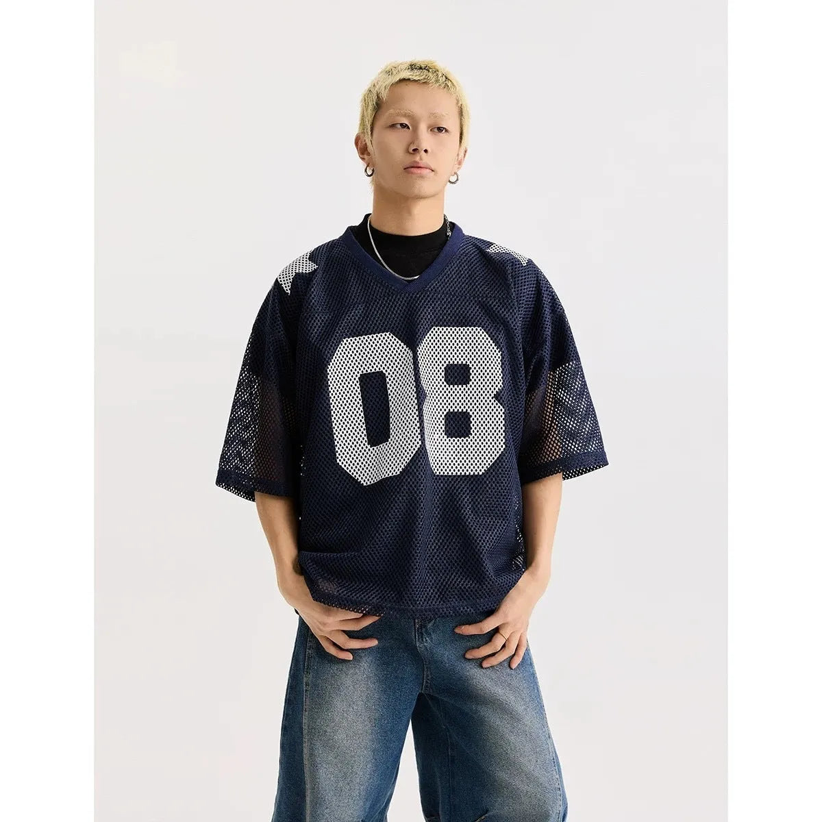 Black and navy blue half sleeve shirt with letter pattern, loose-fitting polyester pullover