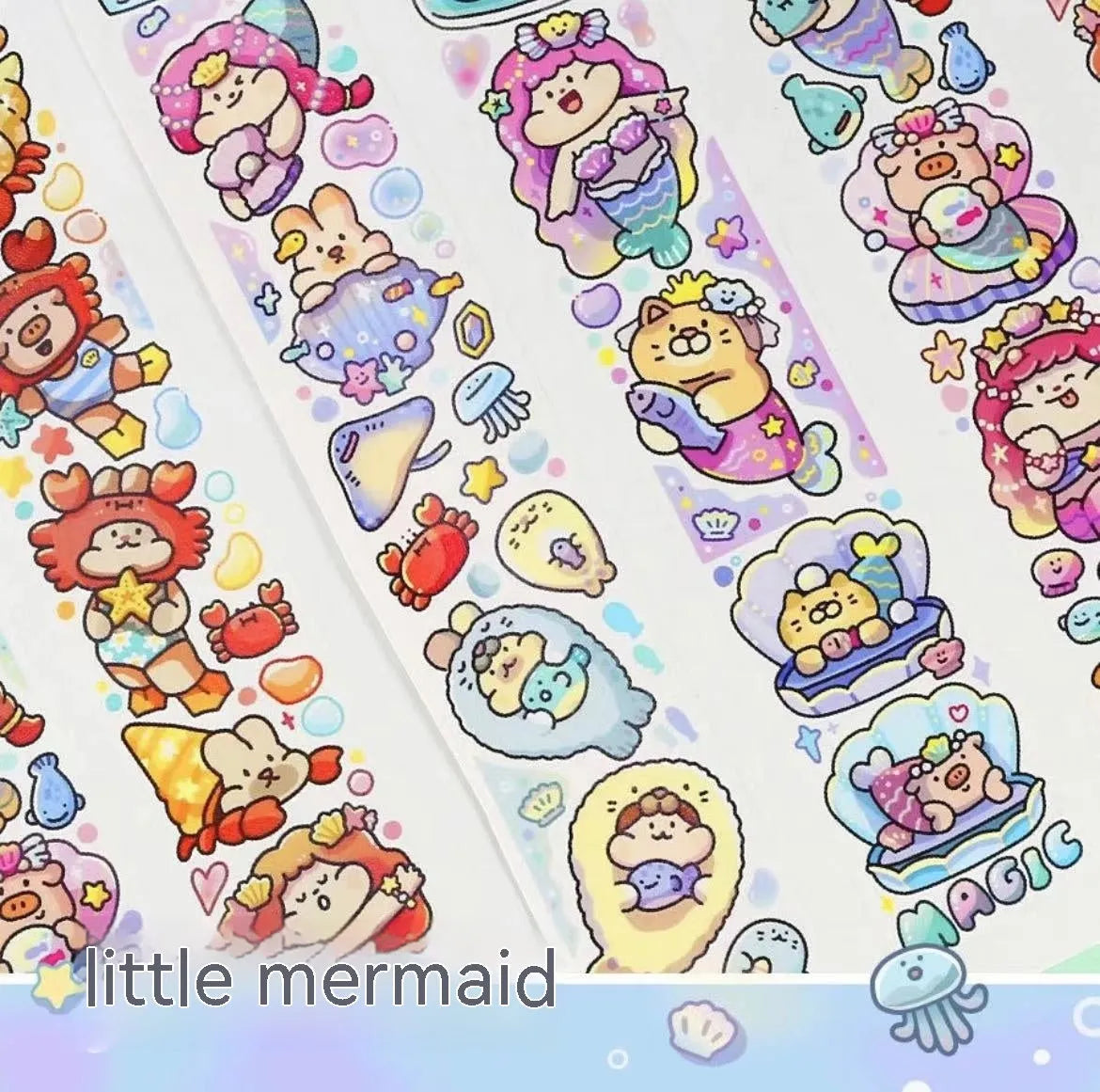 Sheet of cute cartoon character stickers for haemorrhoid tape packaging on Japanese paper.