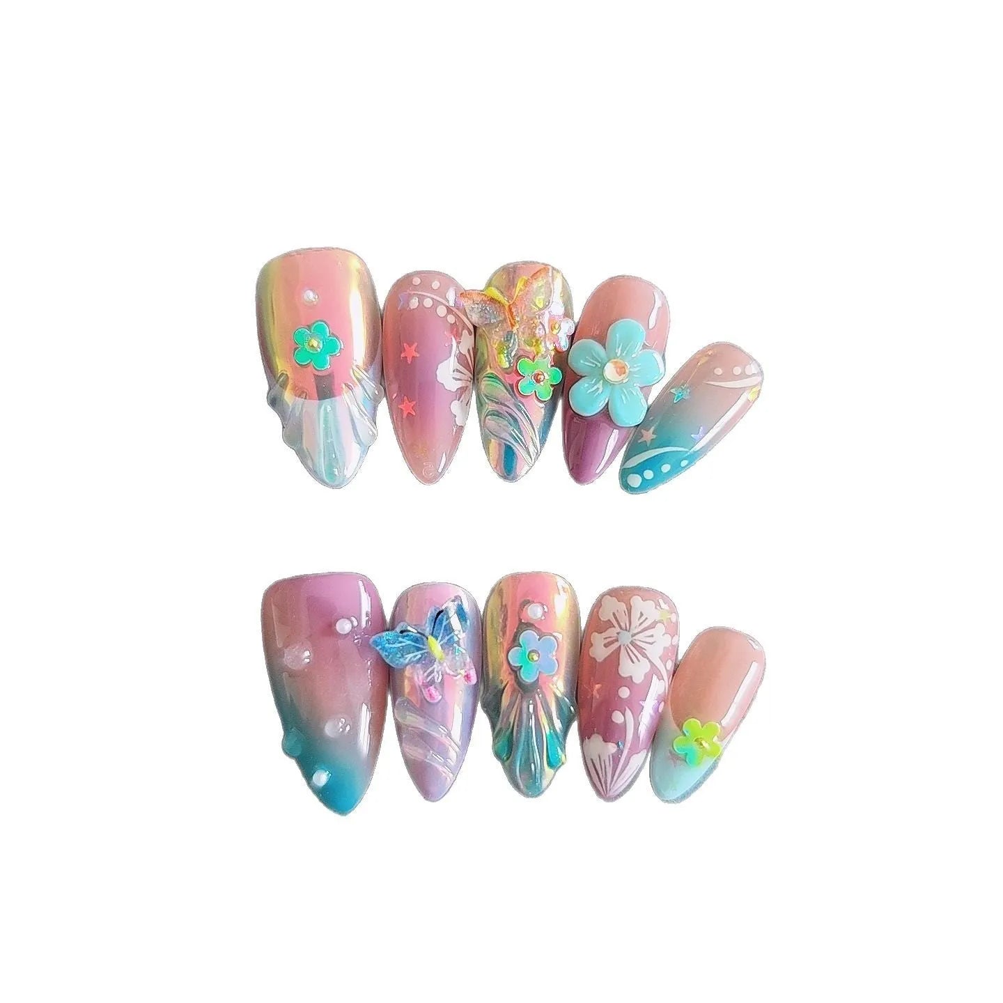 Handmade press-on false nails with embossed colourful small flowers and butterfly designs in almond shape.