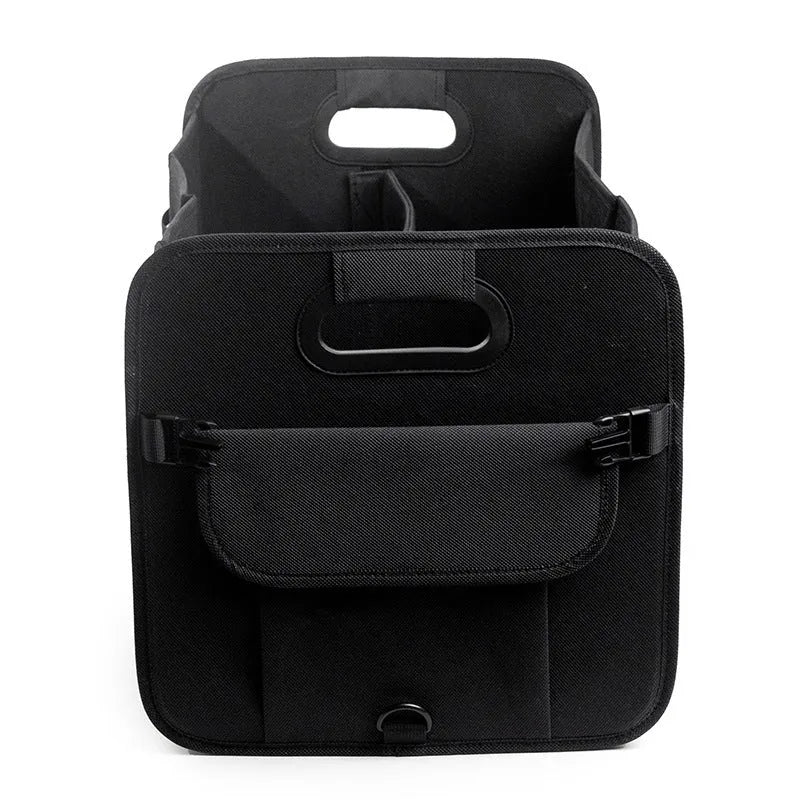 Black foldable fabric car trunk storage box with handles, shown with multiple compartments.