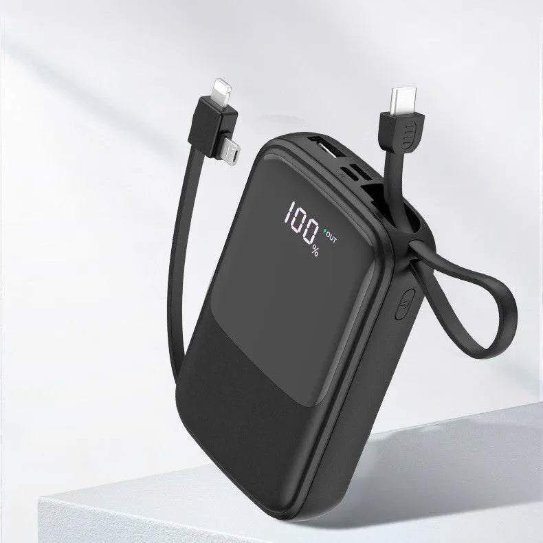 Portable power bank with multi-USB output, 104mm dimensions, black plastic shell
