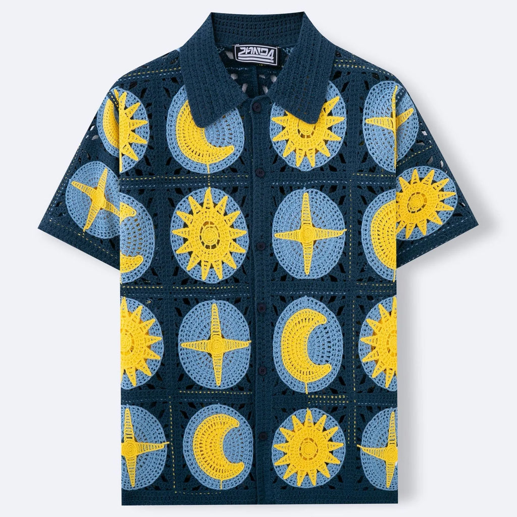 Men's navy blue short-sleeved cardigan with cartoon flocking pattern, thin acrylic summer sweater