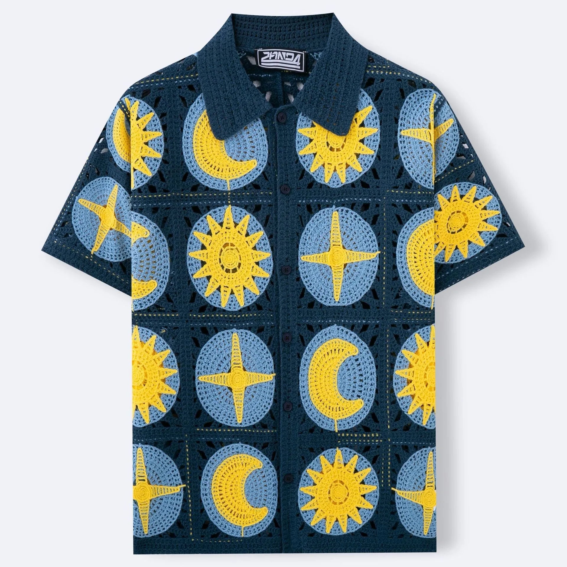 Men's navy blue short-sleeved cardigan with cartoon flocking pattern, thin acrylic summer sweater