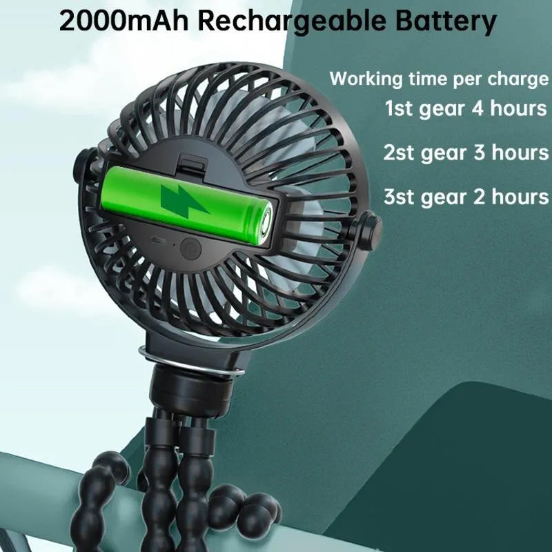 Black flexible tripod clip fan showing 360-degree rotation and adjustable legs with 2000mAh battery capacity