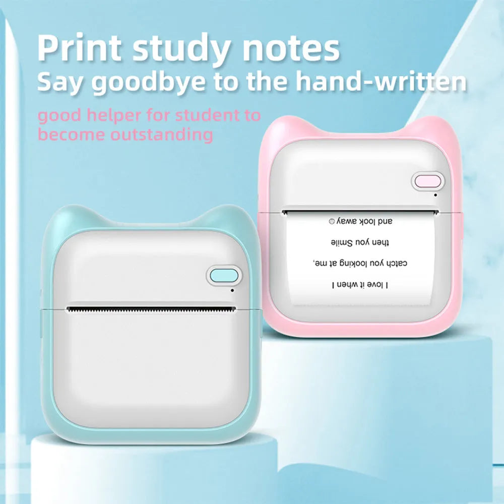 Mini pocket Bluetooth thermal printer in pink with USB charging cable