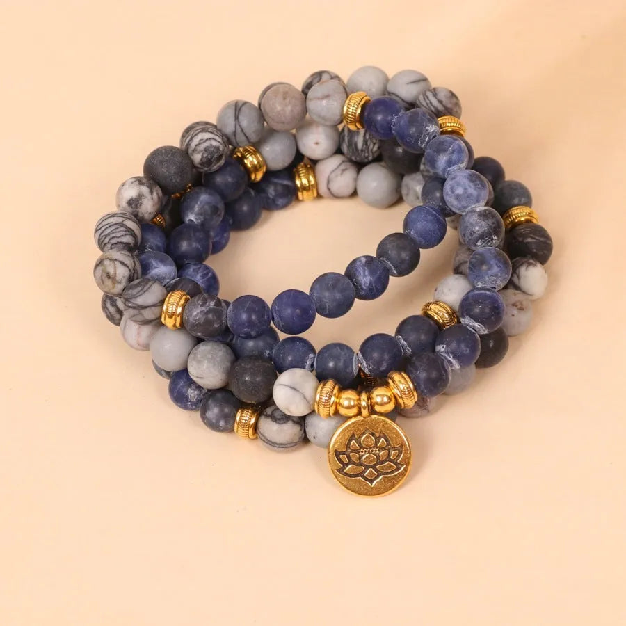 Blue patterned network stone bead multi layer bracelet with alloy metal components