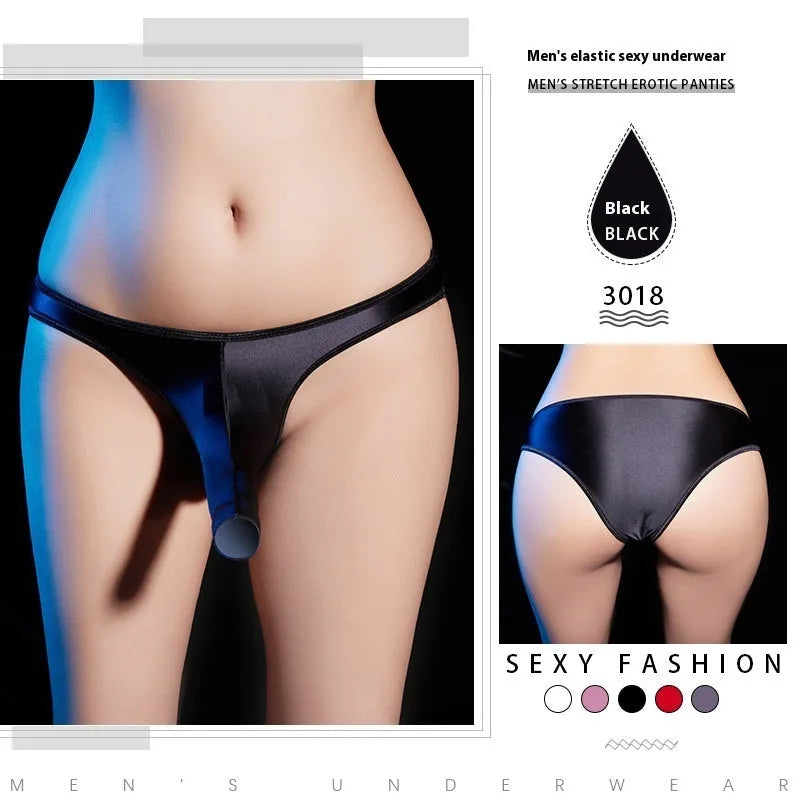 Men's low waist T-back underwear in shiny nylon fabric, shown in black colour.