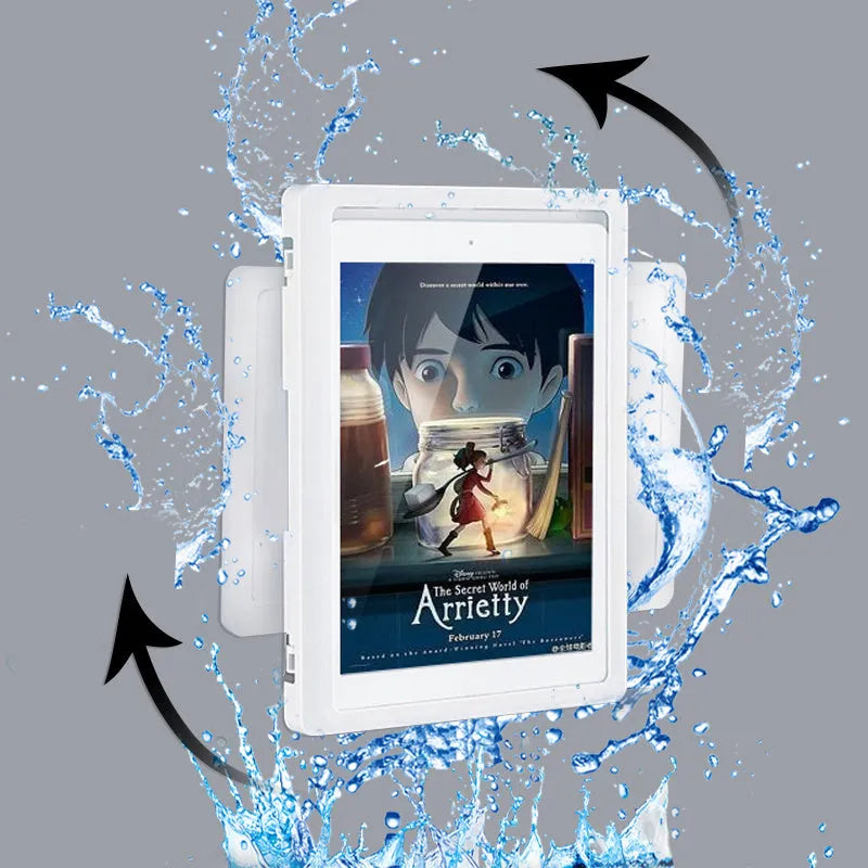 White waterproof phone holder mounted on bathroom tile showing smartphone visible through anti-fog window