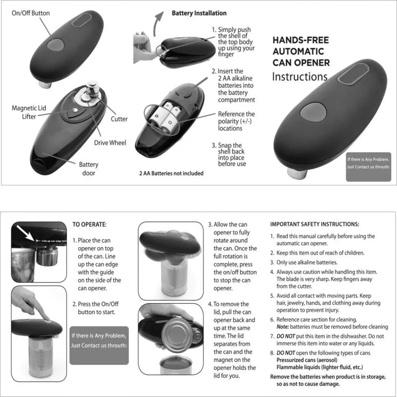 Black plastic electric can opener with compact design for battery-powered hands-free opening