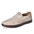 Men's brown slip-on casual leather shoes with a round toe and flat sole.