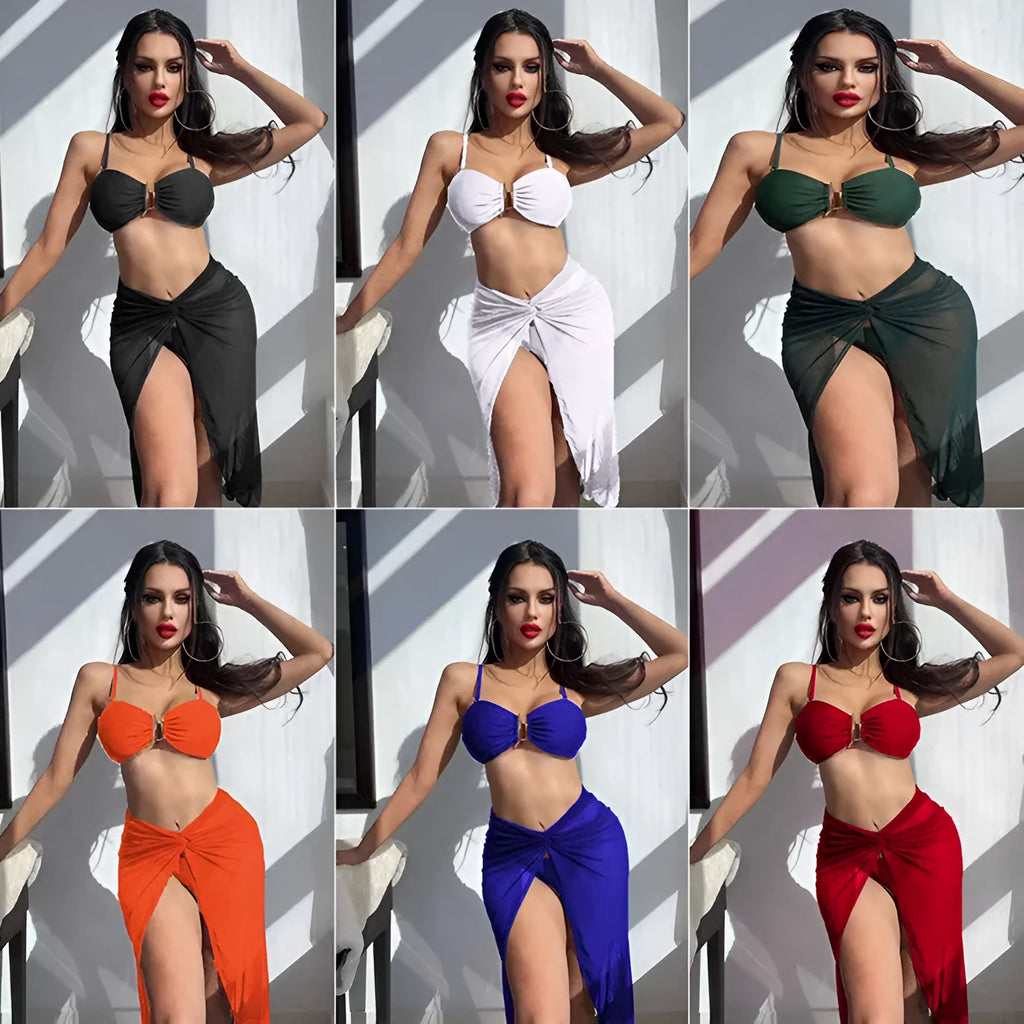 French style three-piece bikini set with long culottes skirt in multiple solid colours
