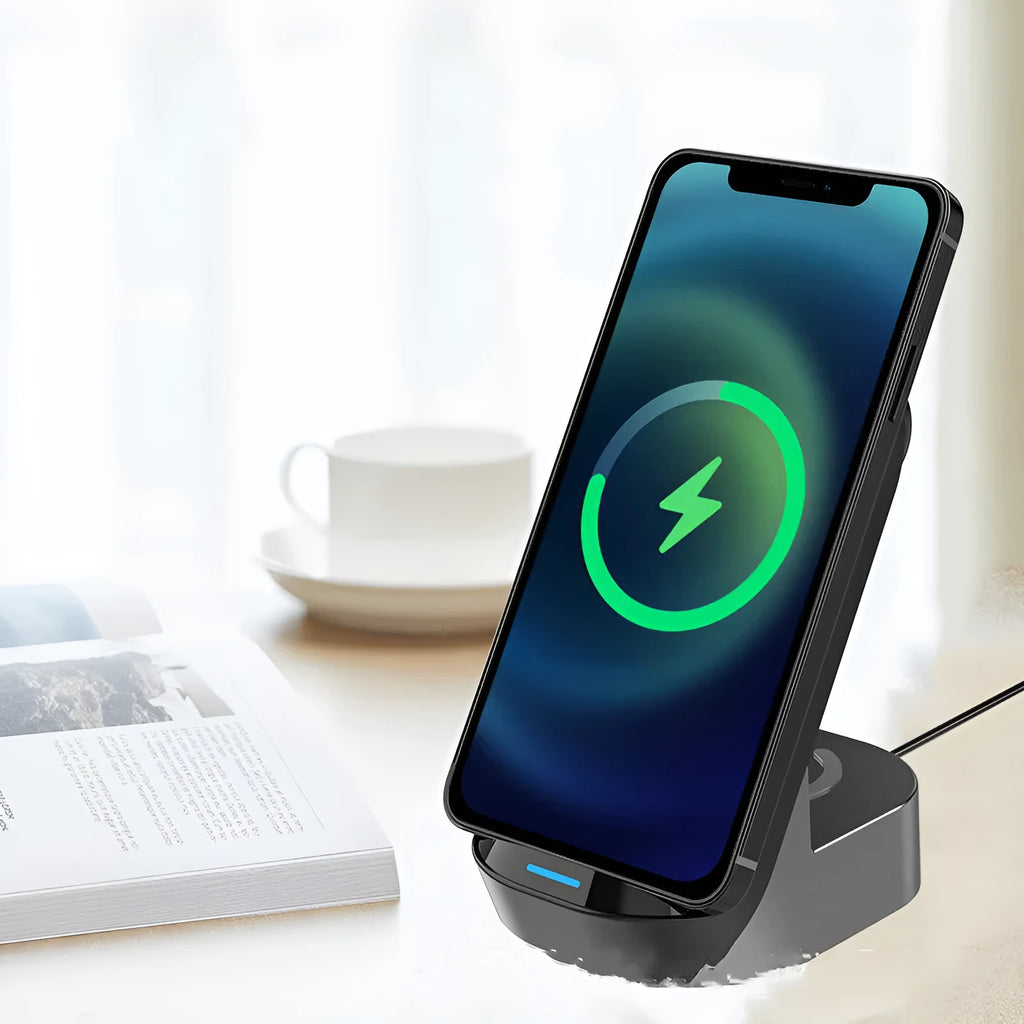 Grey black foldable 3-in-1 wireless charger standing vertically with phone, watch, and earbuds case.