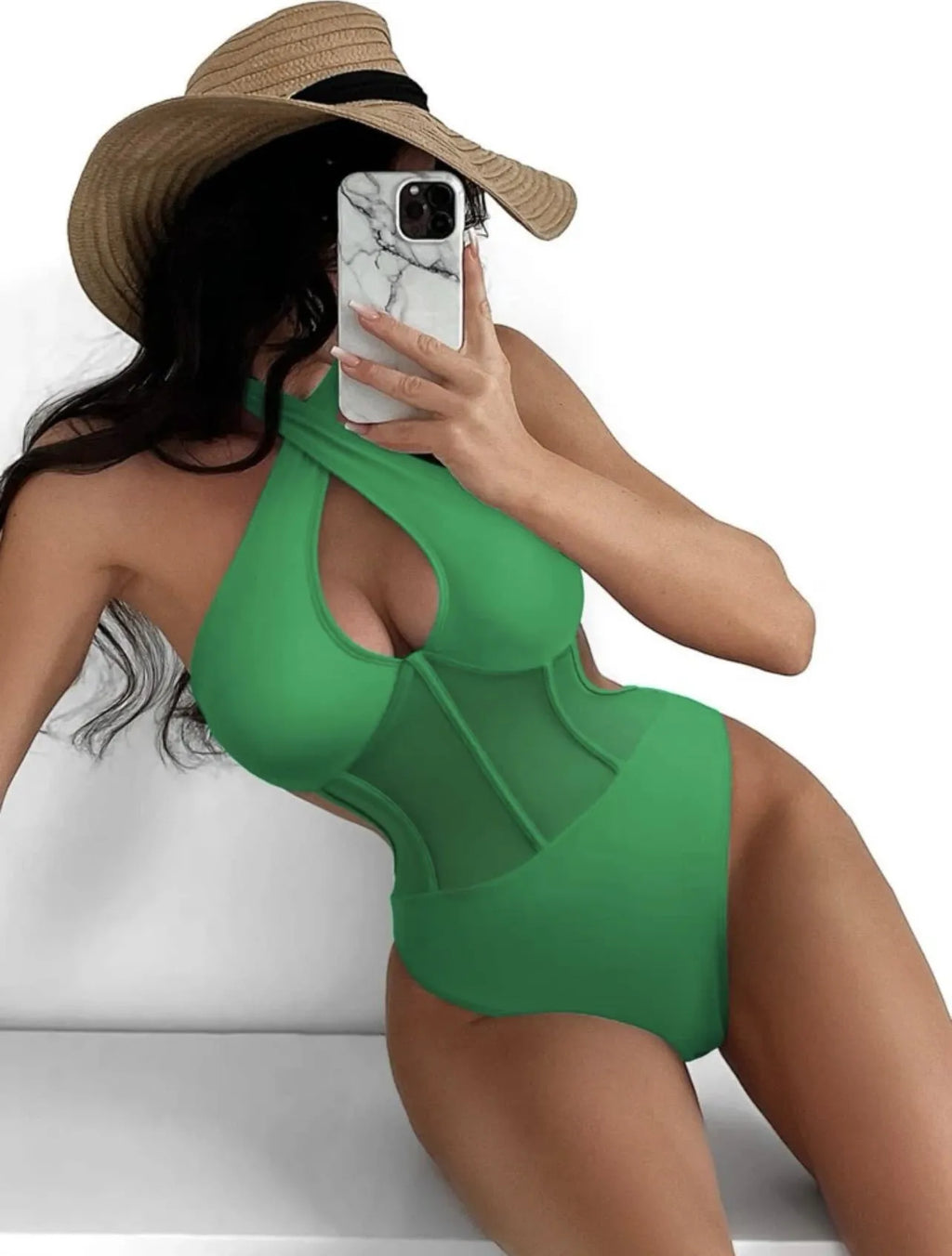 Women's black one-piece swimsuit bikini in spun yarn fabric with nylon and spandex blend