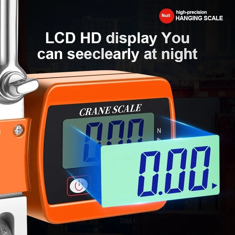 Blue digital hook scale displaying weight on electronic screen with 500kg max capacity