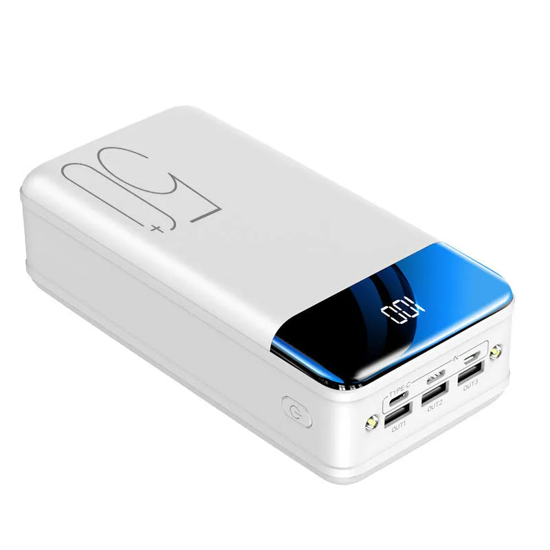 Large black or white 50000mAh power bank showing multiple USB ports on front.
