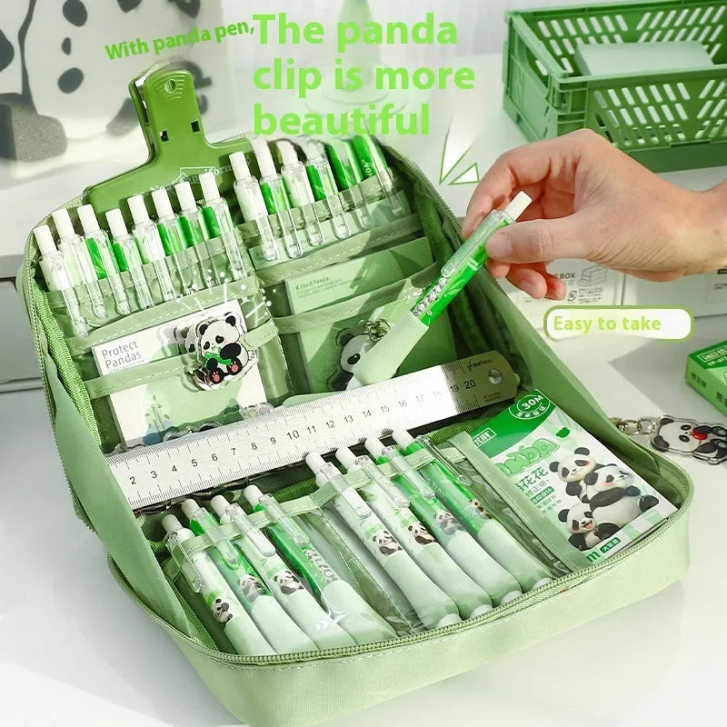 Green panda-themed pencil case with 12 layers for stationery organisation in Korean style canvas design