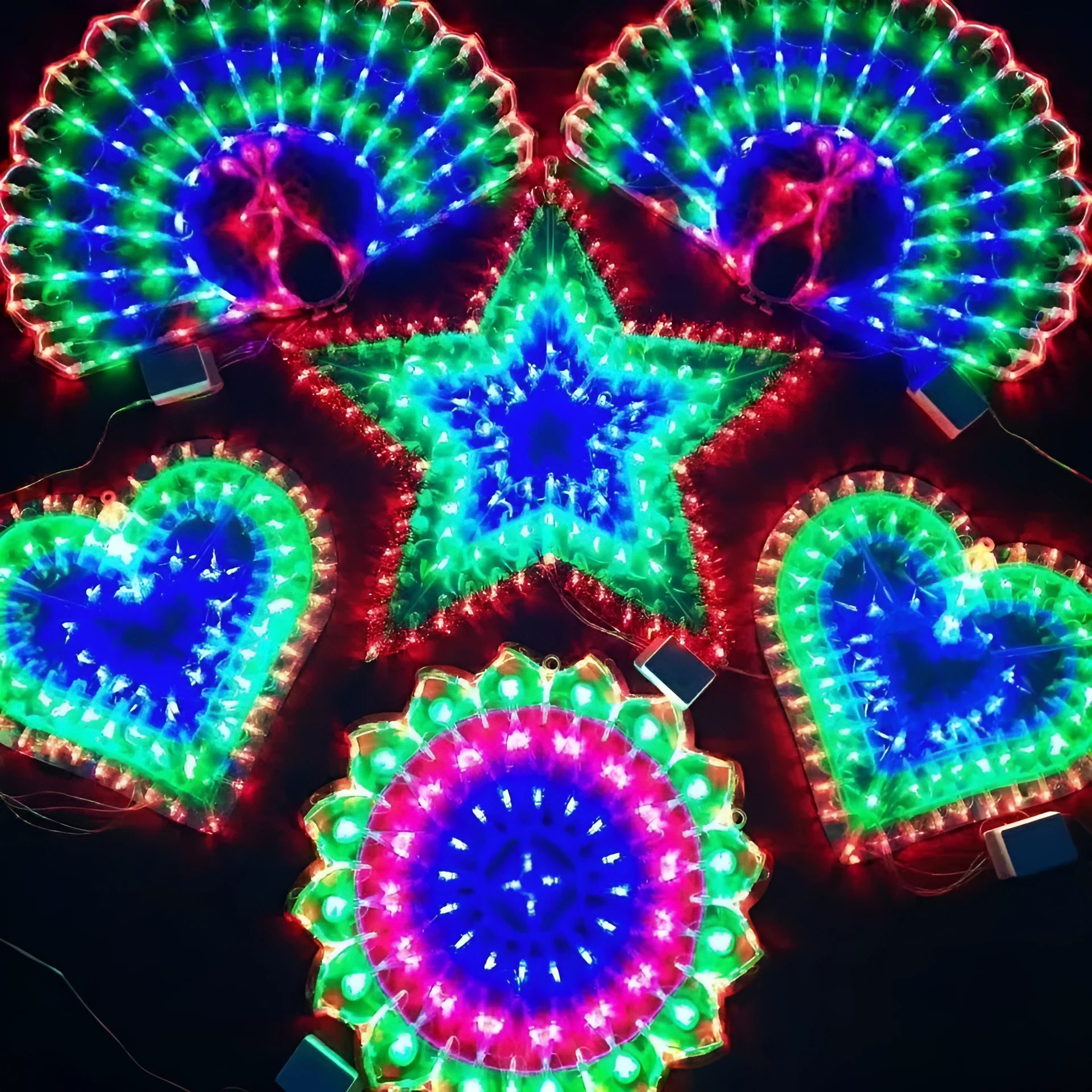 Plug-in outdoor Christmas string lights with peacock, love heart, sunflower and star-shaped bulbs