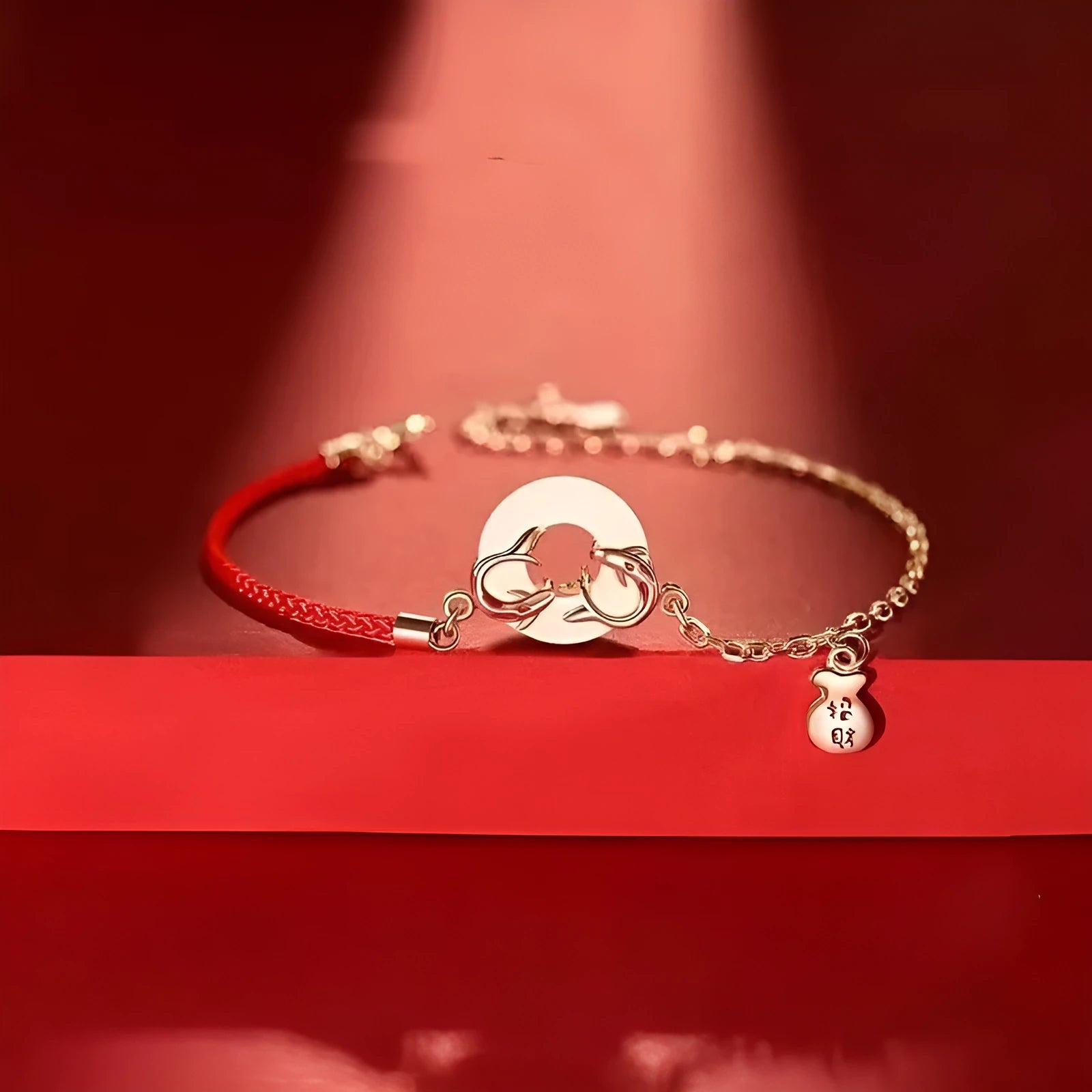 Women's festive koi design bracelet with a peace buckle and red rope, Japanese Korean style.