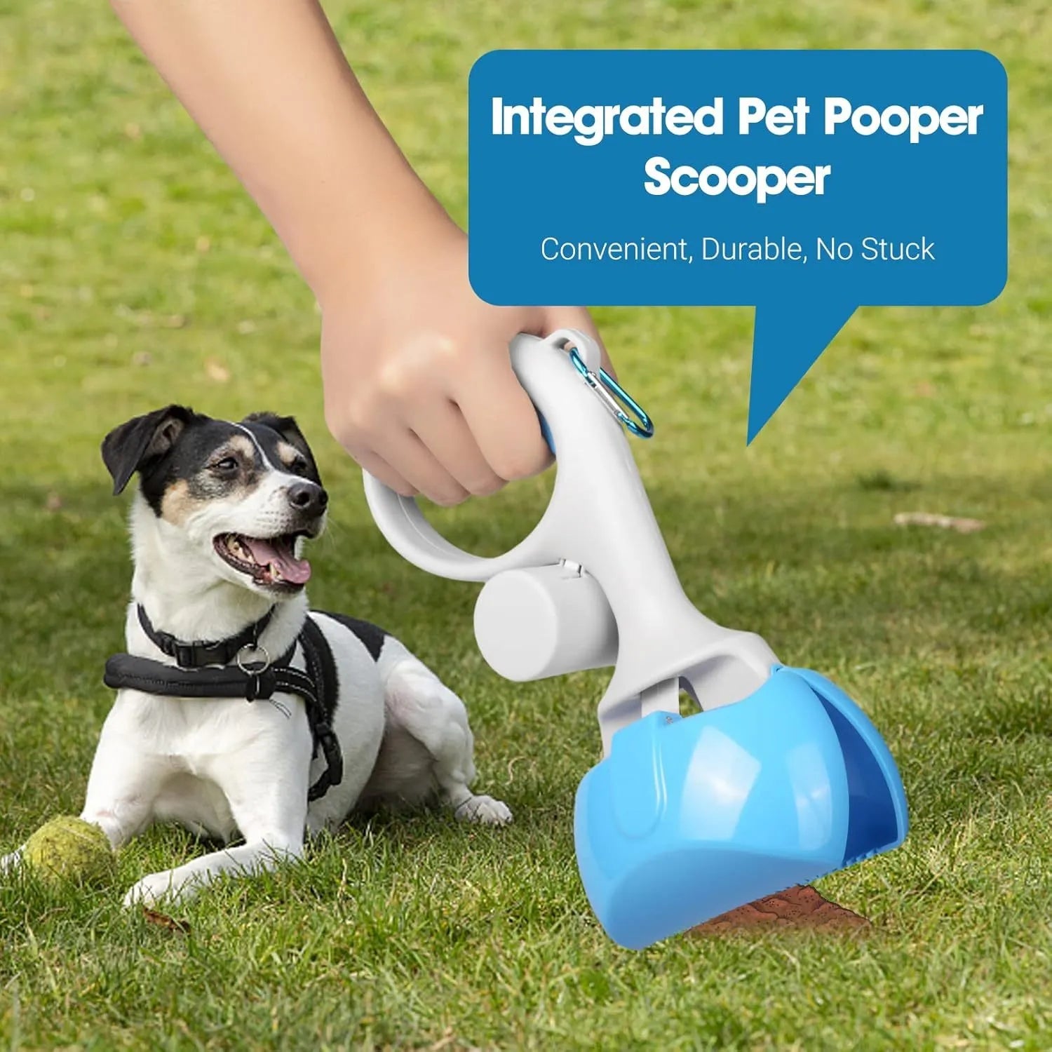 ABS plastic pet pooper scooper with integrated trash bag holder and top hanging hook