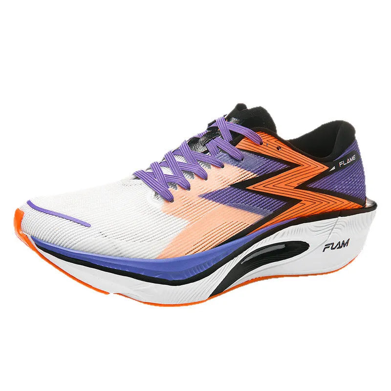 Marathon carbon plate running shoes in white with low-top fabric upper and visible sewing details