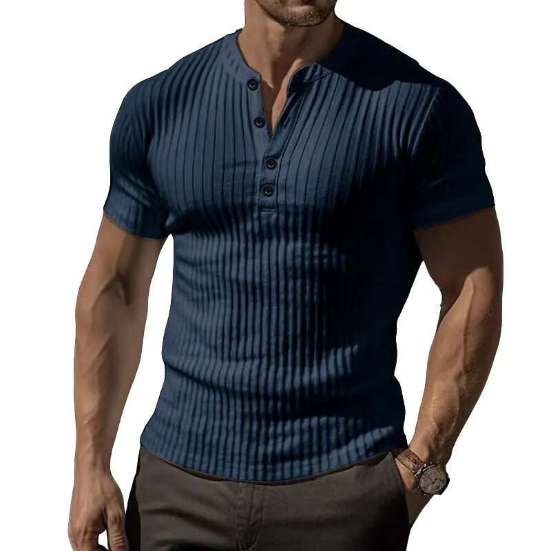 Men's slim-fit sports T-shirt in polyester on a hanger, shown in army green colour.