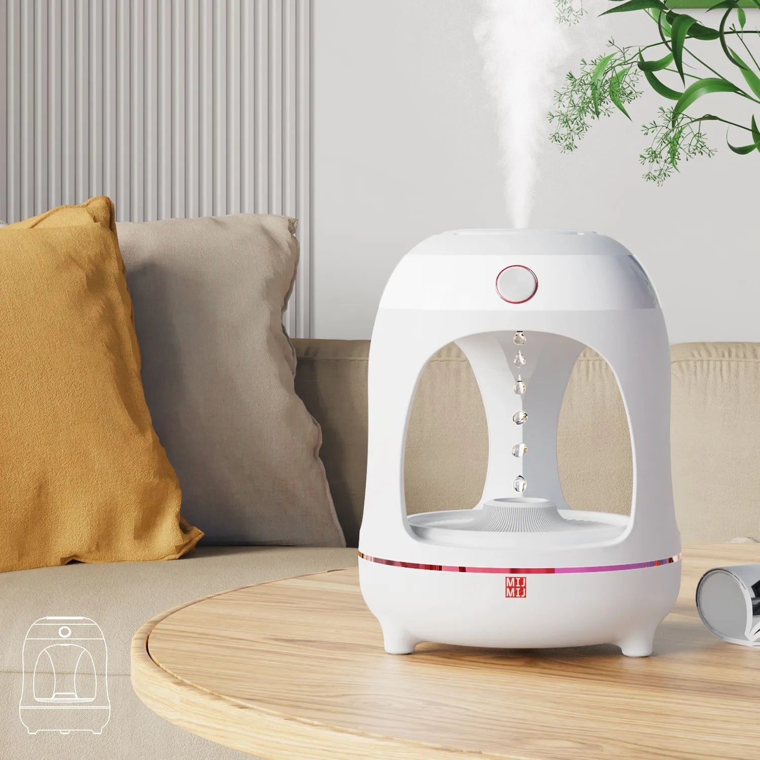 Rose gold and white ultrasonic humidifier with levitating water drop design and LED night light