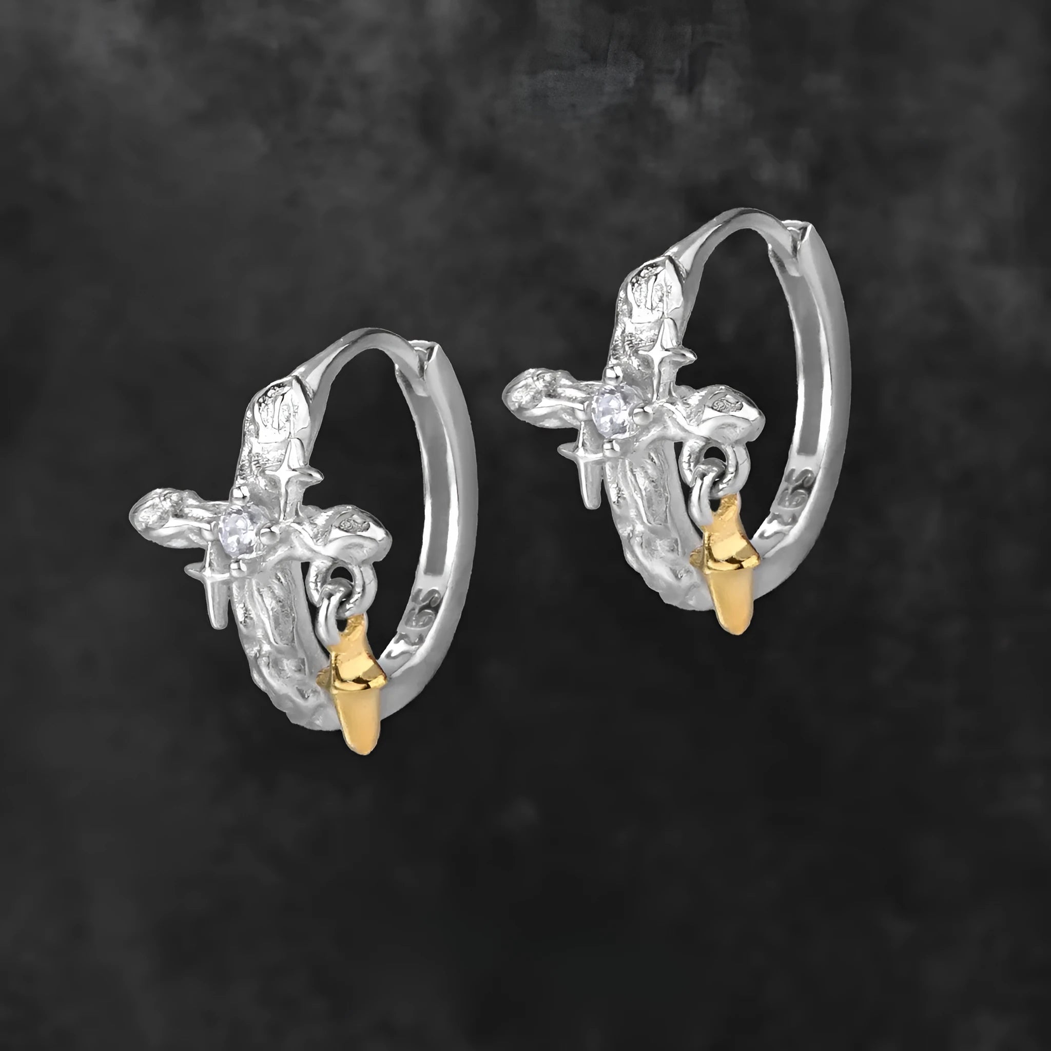 XINGX geometric cross earrings in 925 silver with white gold colour finish