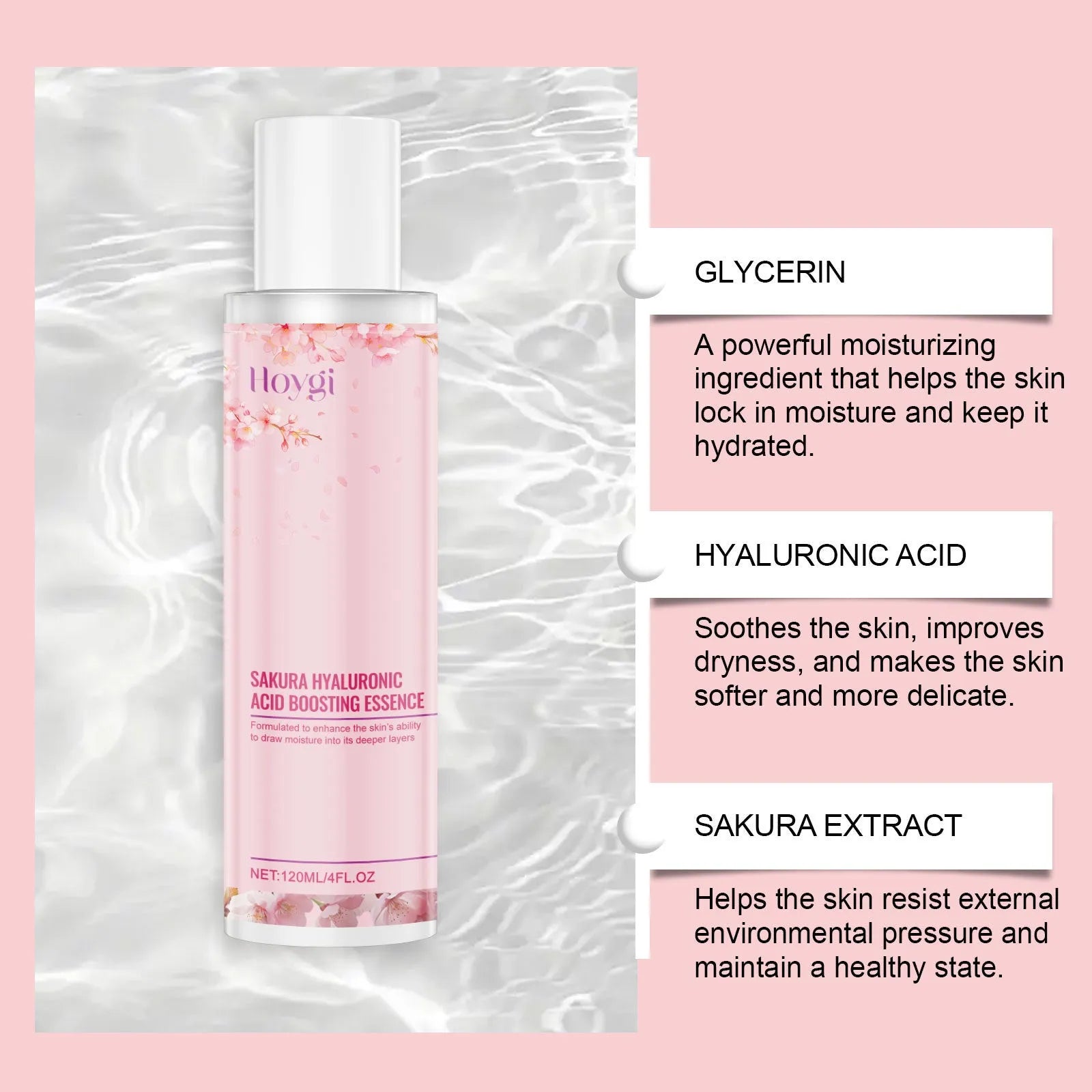 Hyaluronic Acid Skin Moisturising Lotion bottle with cherry blossom extract, 120ml capacity.