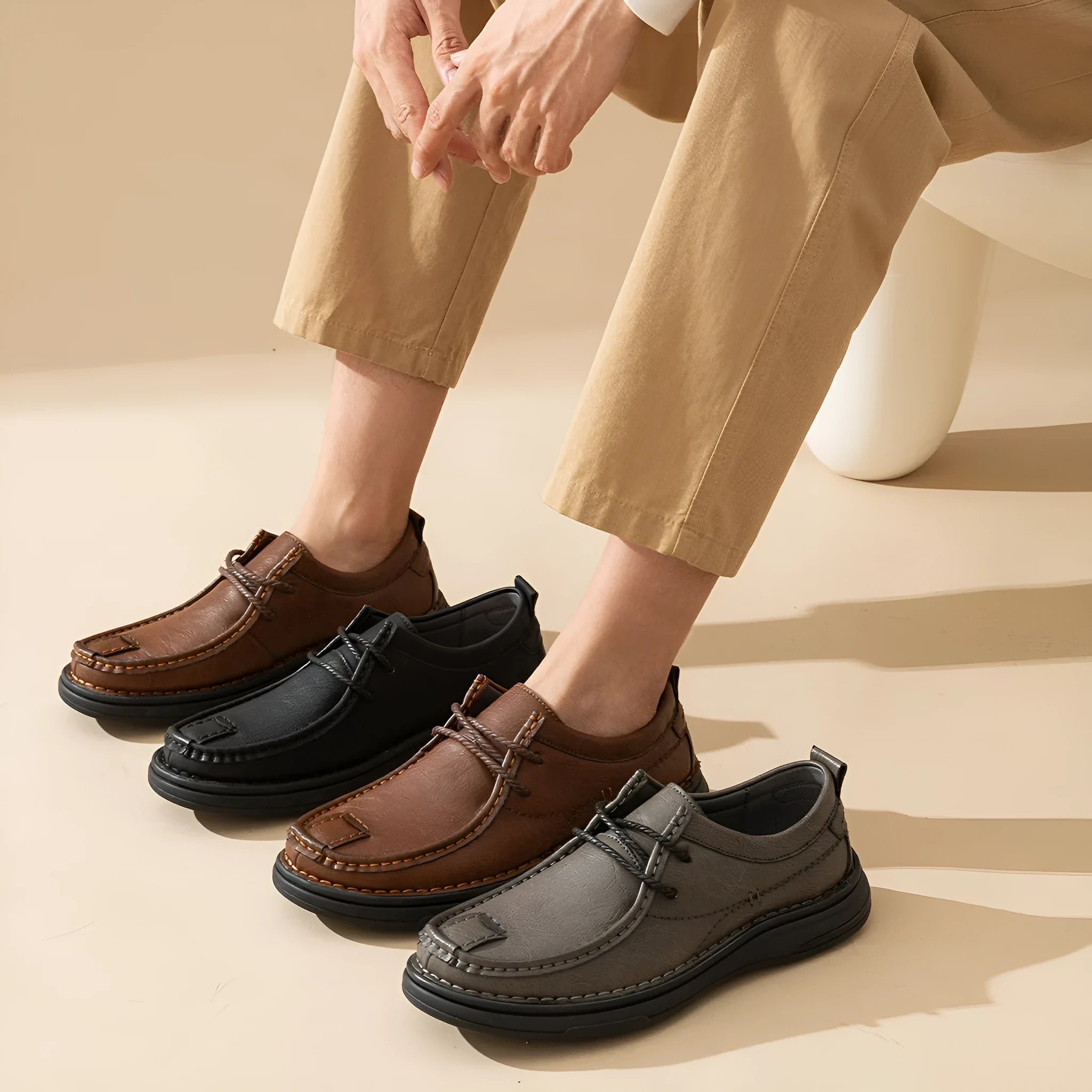 Business casual PU leather loafers for men, brown lace-up style with rubber sole and stitching detail