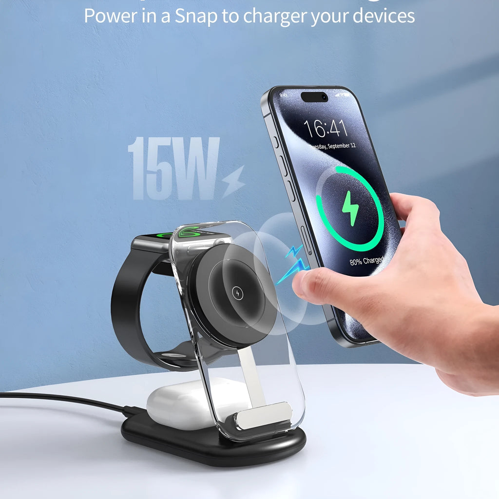Transparent folding three-in-one magnetic wireless charger in black on a white background.