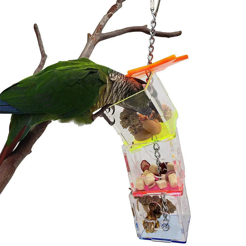 Transparent acrylic parrot foraging toy measuring 32cm tall with 5x5cm base