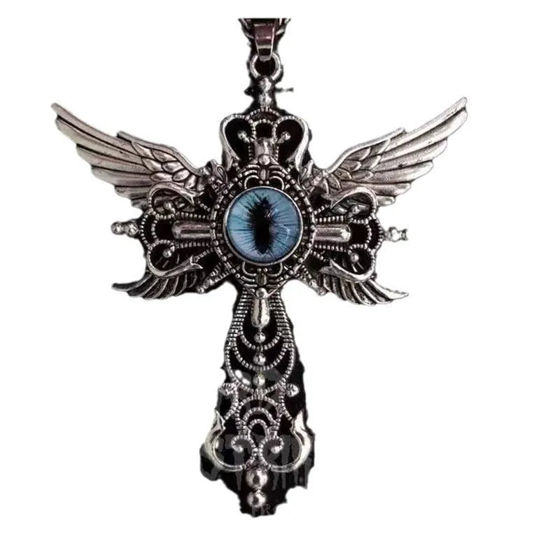Creative Devil Wings Cross Necklace in alloy with geometric pendant, shown in blue, green, purple, red, and yellow colour options.