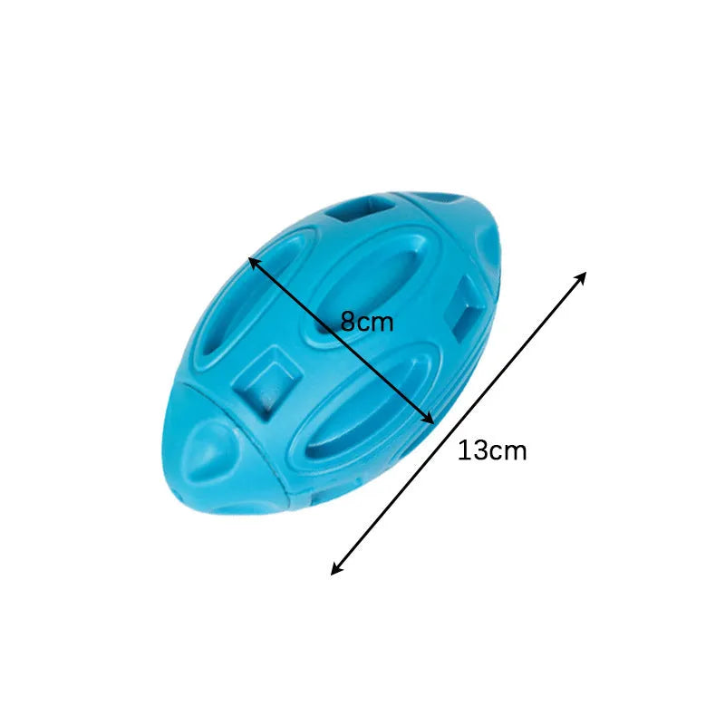 Natural rubber squeaky dog chew toy in blue, green and orange colours for medium and large breed dogs