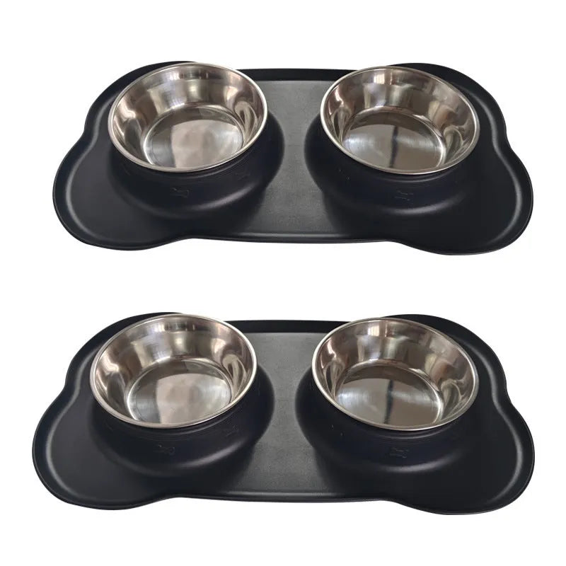 Large silicone pet feeding mat with two bowl slots in blue colour on hard floor