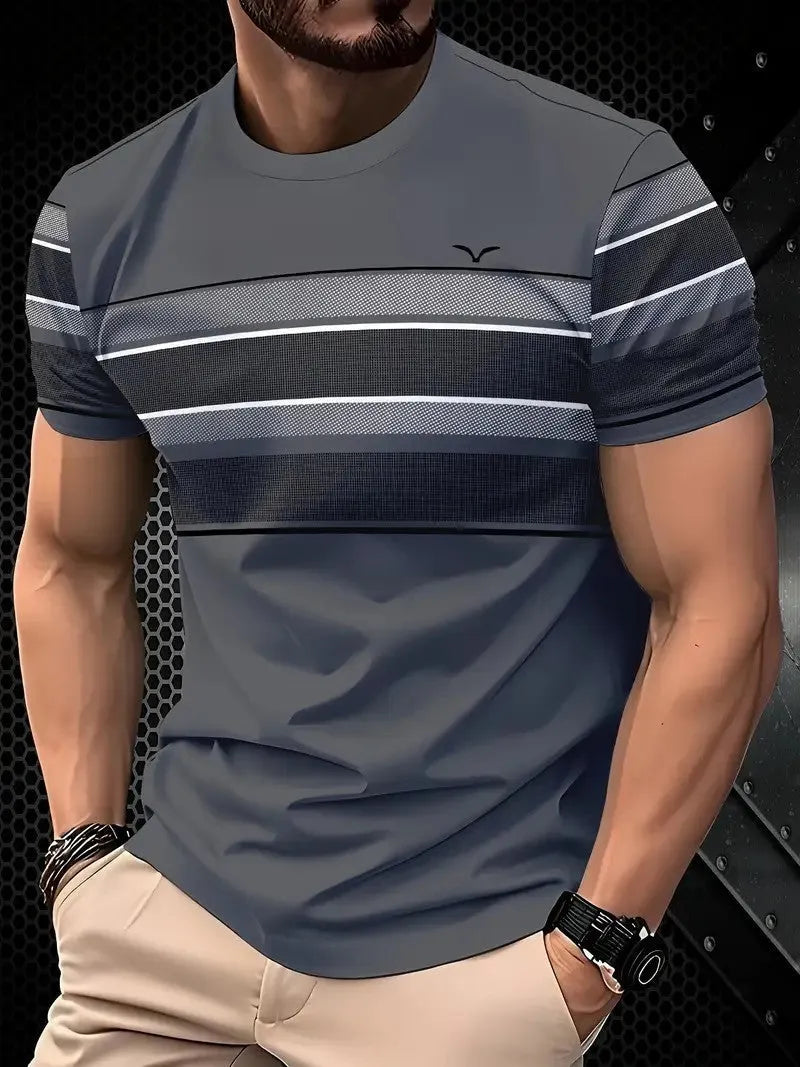 Grey loose-fit men's short sleeve casual T-shirt made from polyester fabric on a hanger.