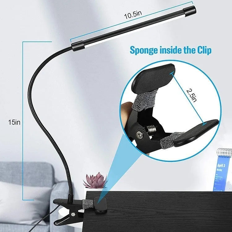 Black and white USB LED desk lamp with eye protection feature measuring 26cm length