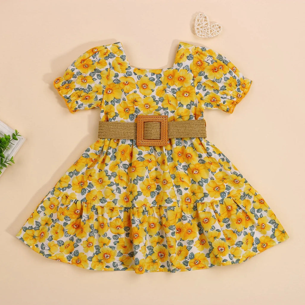 Yellow baby dress for girls made from cotton, sizes 2T to 6T