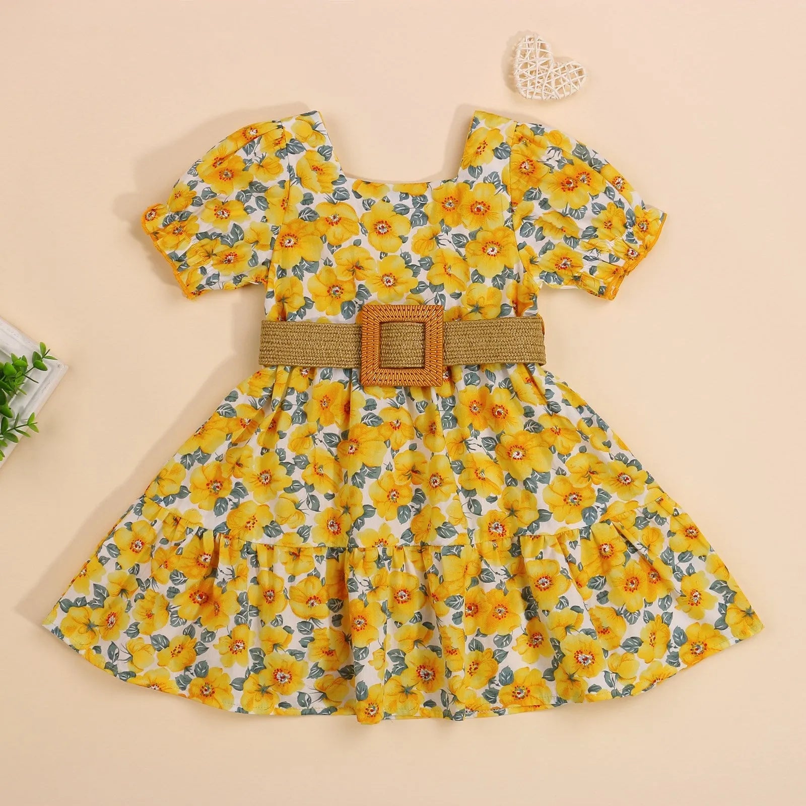 Yellow baby dress for girls made from cotton, sizes 2T to 6T